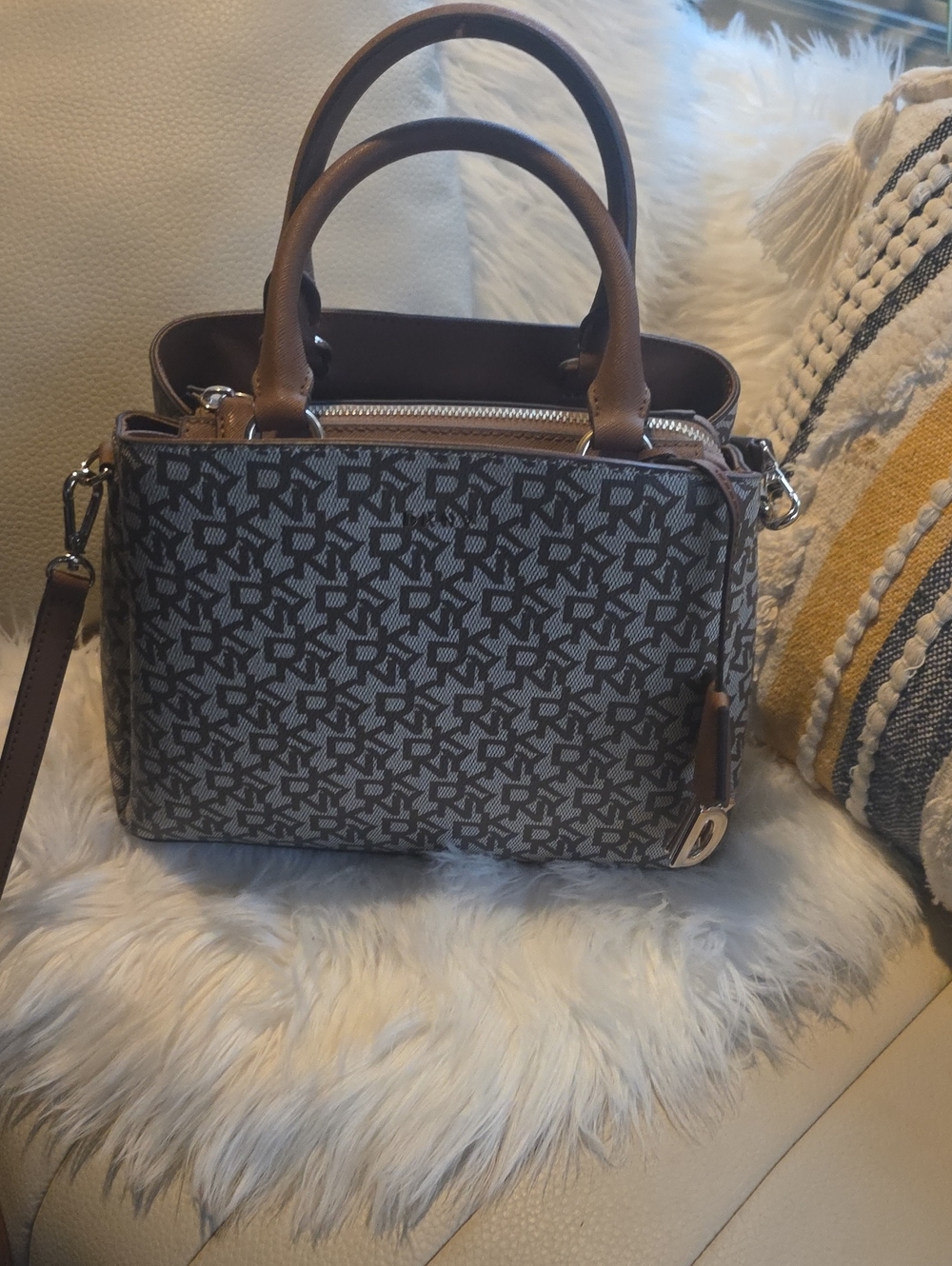 DKNY Structured Brown Patterned Satchel Handbag